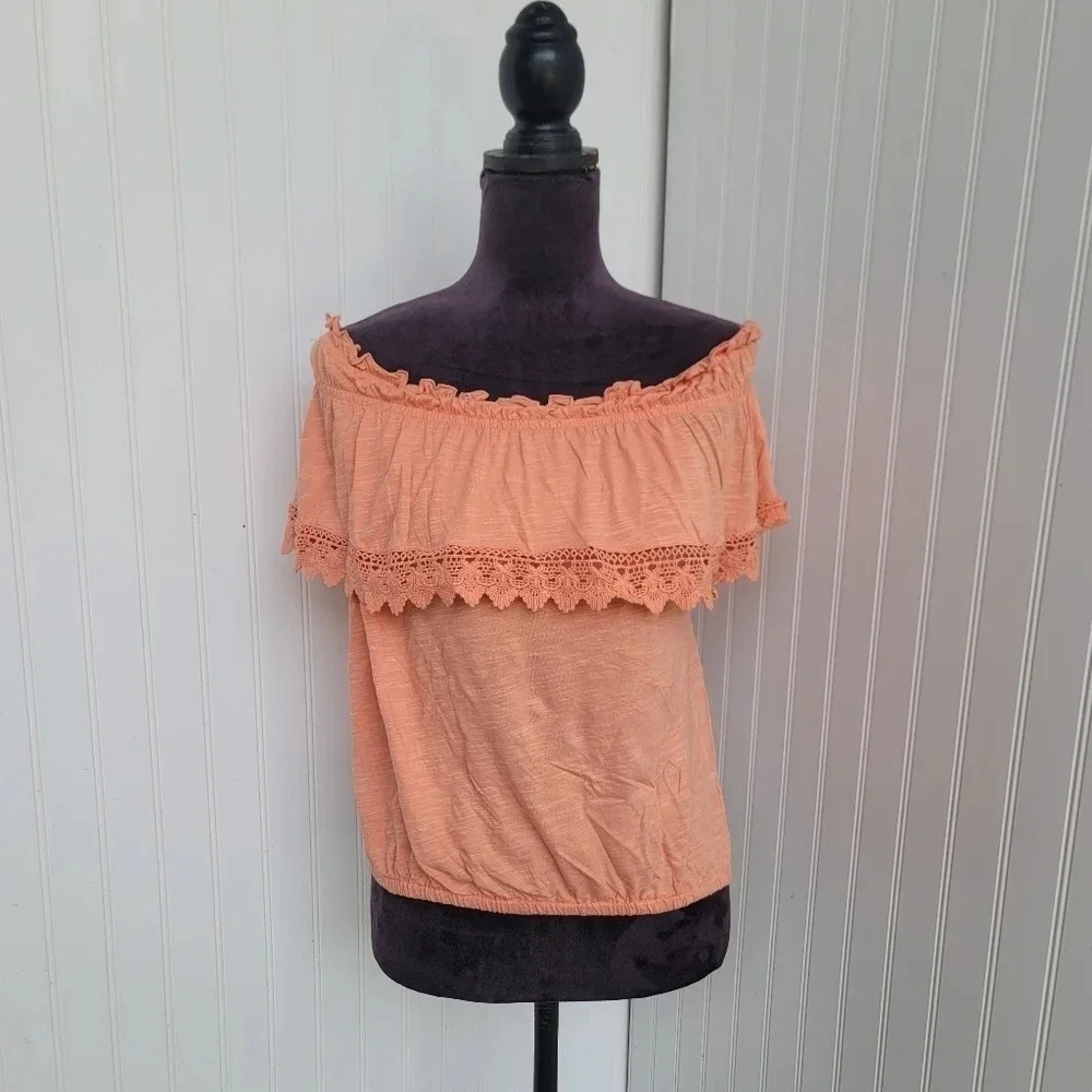 American Rag Cie Women Tank Top Blouse Off The Shoulder Lace Ruffle Orange Sz M
